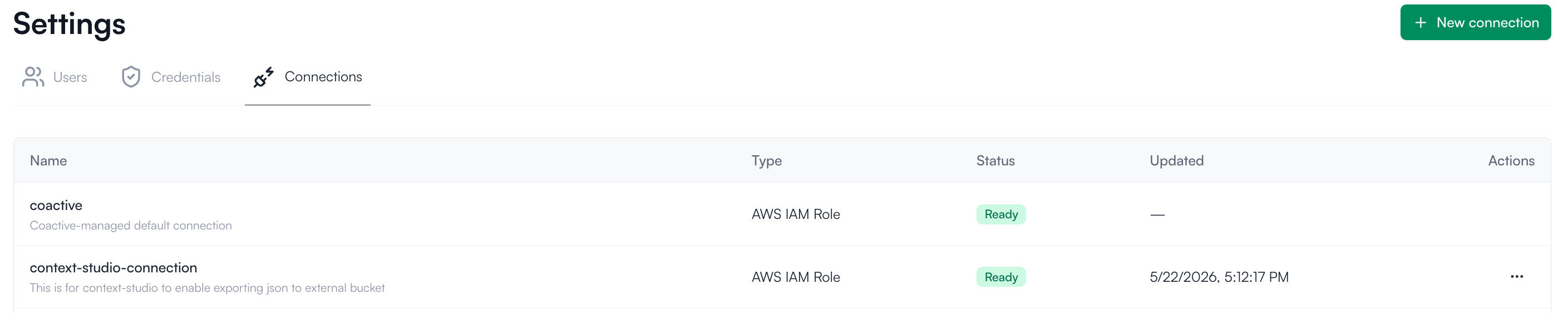 The Connections table showing a coactive default connection and a context-studio-connection, both with Ready status