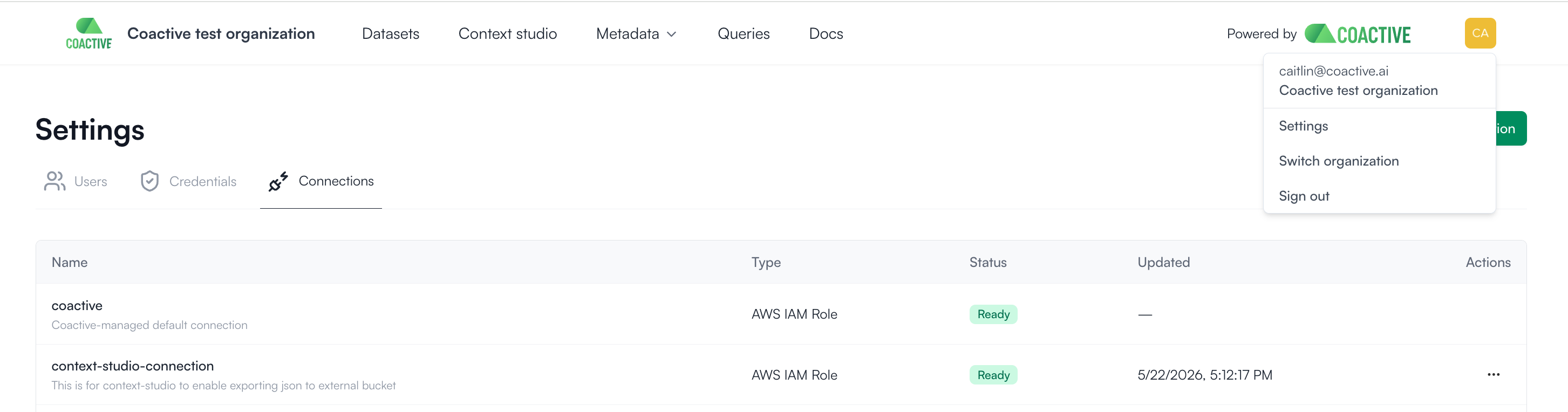 Coactive Settings page open to the Connections tab with the profile menu expanded, showing existing connections in a table