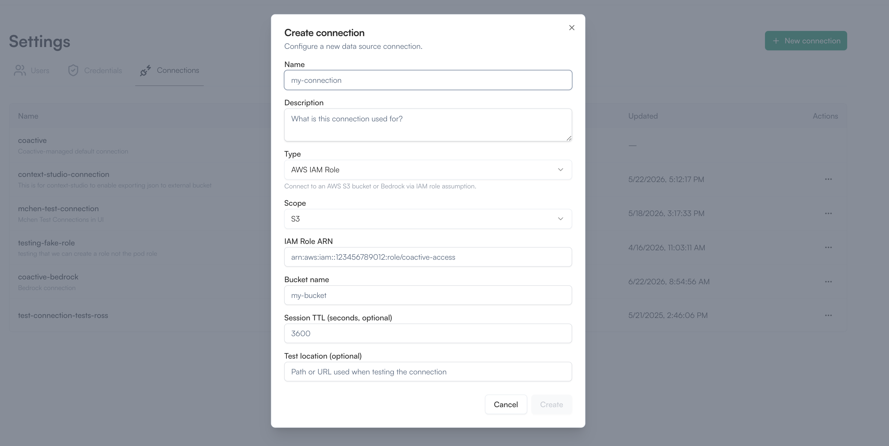 The Create connection modal in Coactive Settings with fields for Name, Description, Type, Scope, IAM Role ARN, Bucket name, Session TTL, and Test location