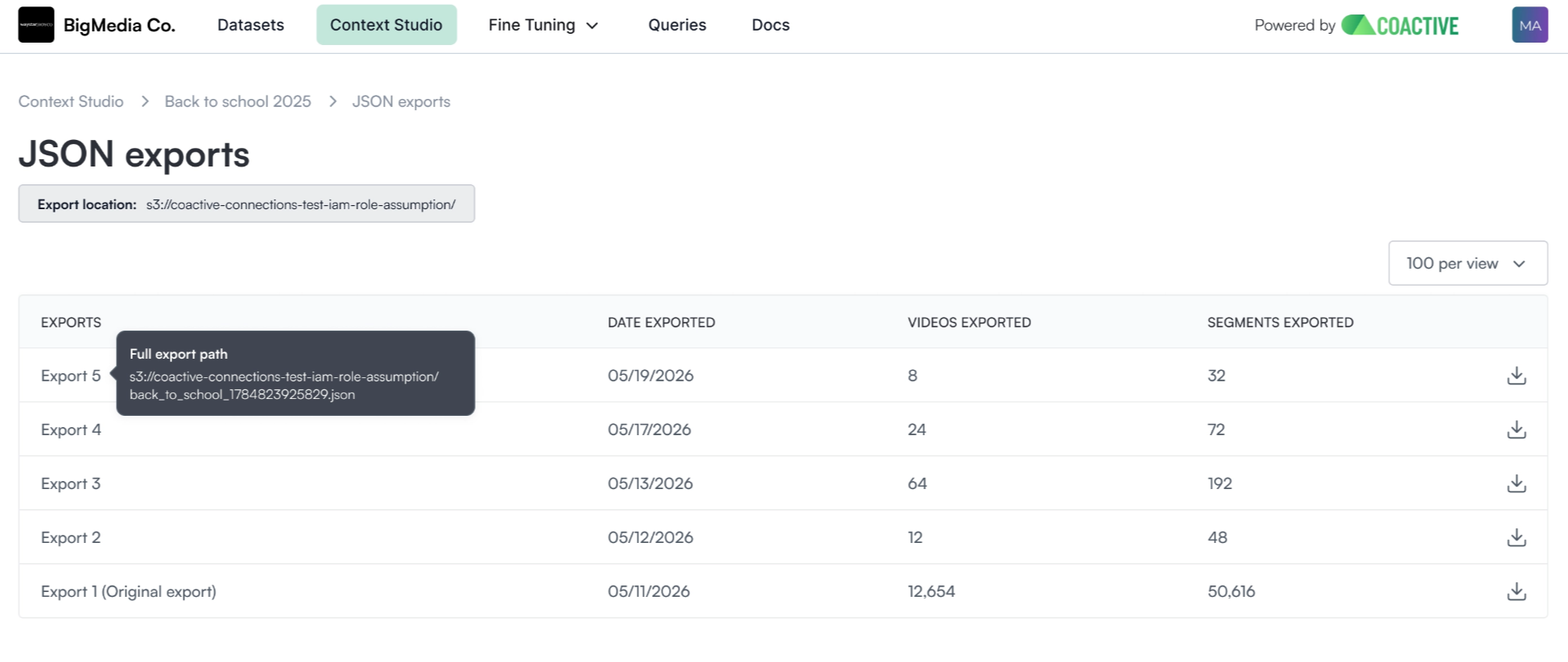 The JSON exports page for a package showing the Export location banner and a hovered export row revealing its Full export path