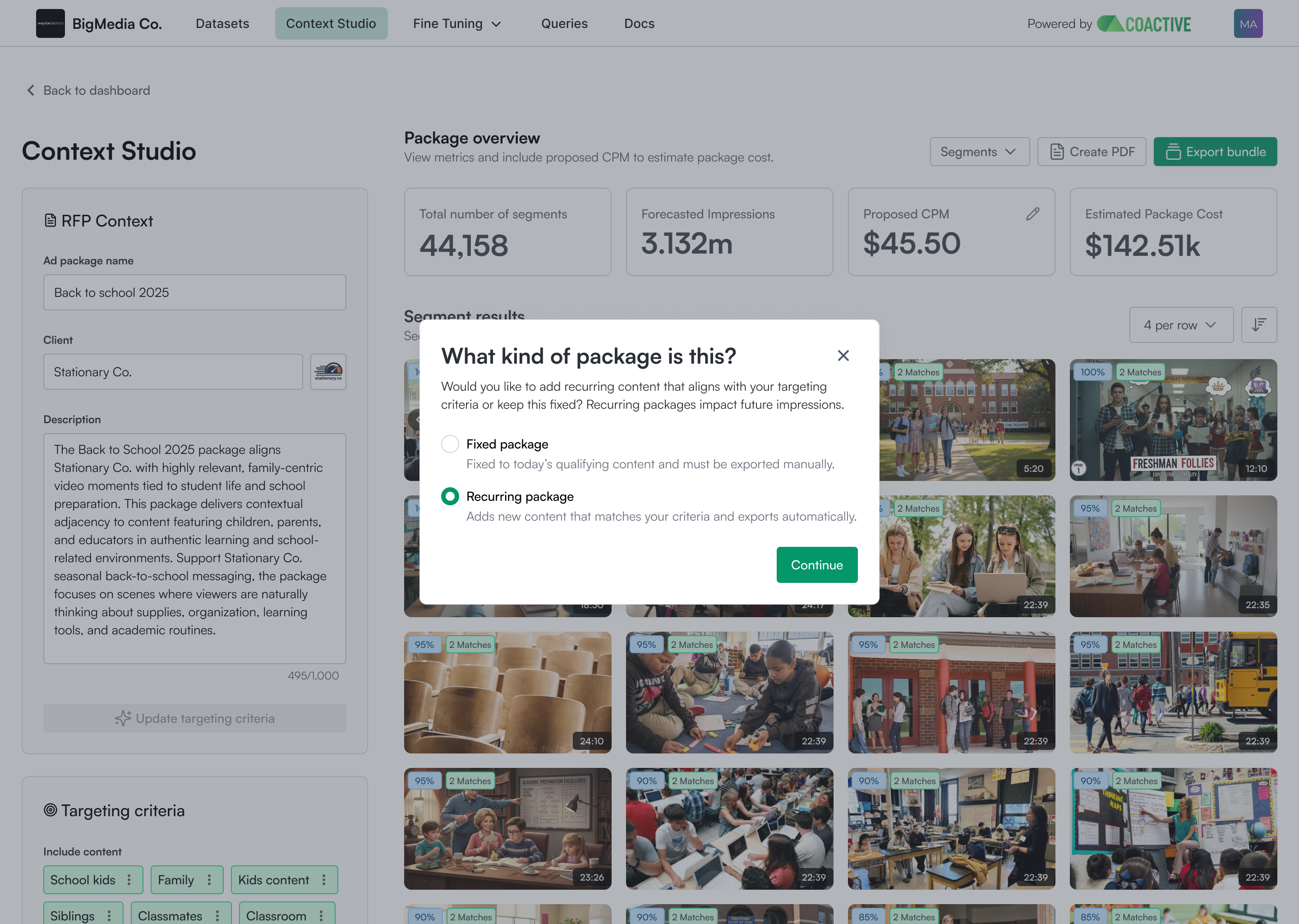 The “What kind of package is this?” modal in Context Studio with Fixed package and Recurring package options, Recurring package selected
