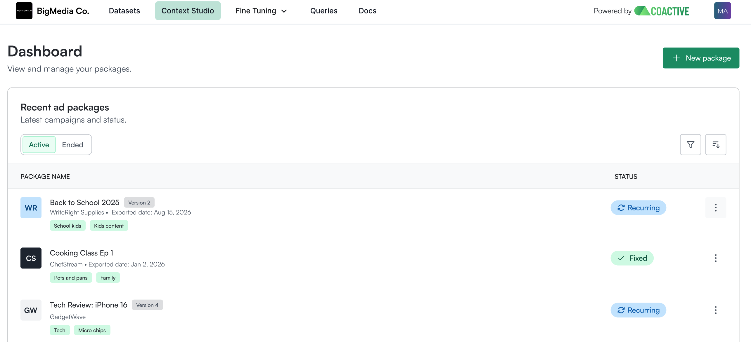The Context Studio dashboard Active/Ended view showing a package with a Version 2 label