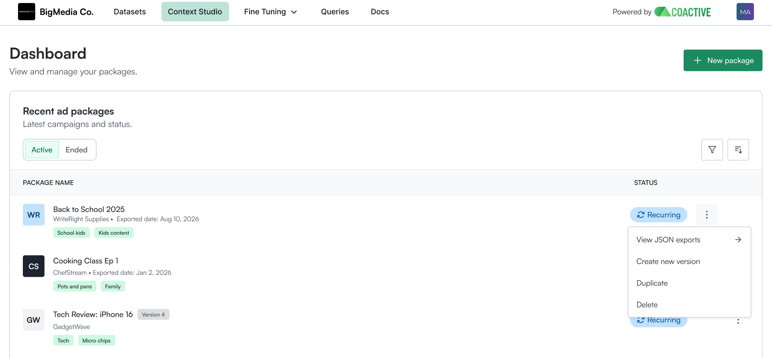 The Context Studio dashboard with a package’s ⋮ menu open, showing Create a new version among View JSON exports, Duplicate, and Delete