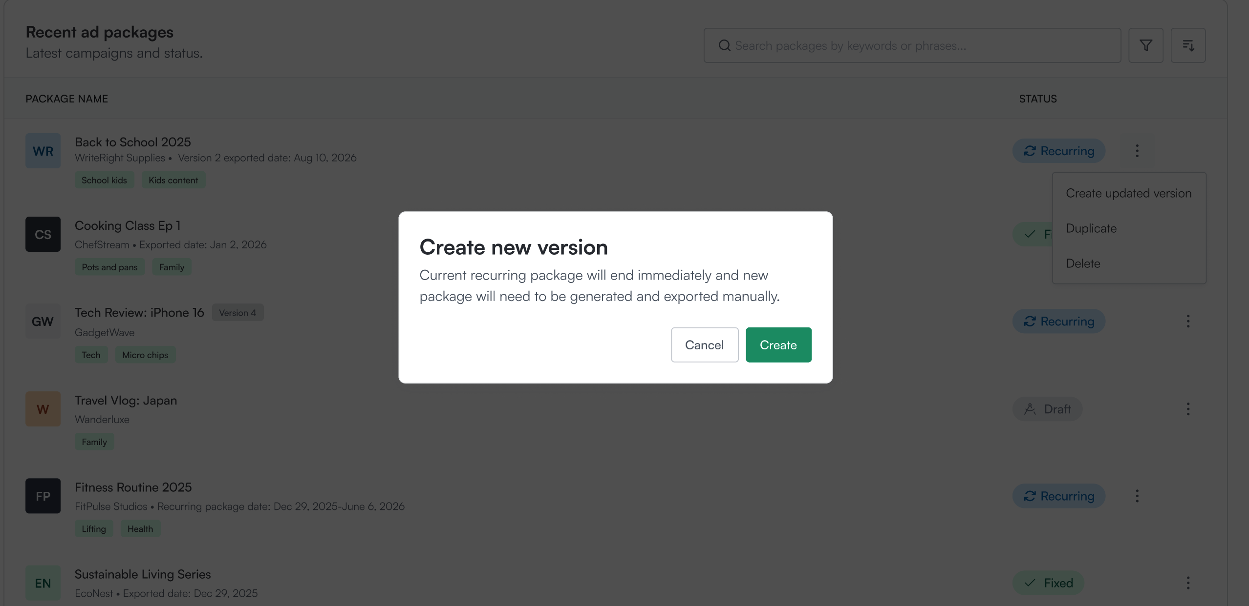 The Create new version confirmation modal reading “Current recurring package will end immediately and new package will need to be generated and exported manually,” with Cancel and Create buttons